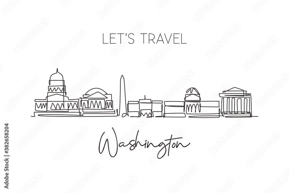 Single continuous line drawing of Washington city skyline, USA. Famous city scraper landscape. World travel concept home wall decor poster print art. Modern one line draw design vector illustration