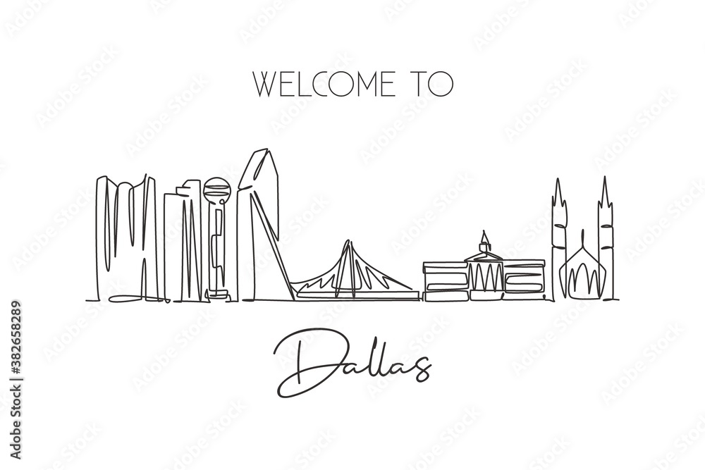 One continuous line drawing of Dallas city skyline, United States of America. Beautiful landmark. World landscape travel vacation. Editable stylish stroke single line draw design vector illustration