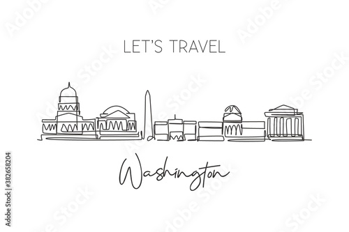 Single continuous line drawing of Washington city skyline, USA. Famous city scraper landscape. World travel concept home wall decor poster print art. Modern one line draw design vector illustration