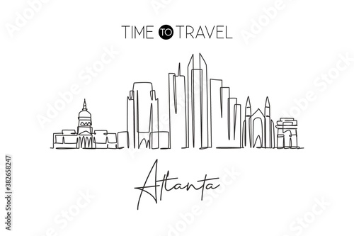 One continuous line drawing of Atlanta city skyline  USA. Beautiful landmark. World landscape tourism travel vacation poster print wall decor art. Stylish single line draw design vector illustration