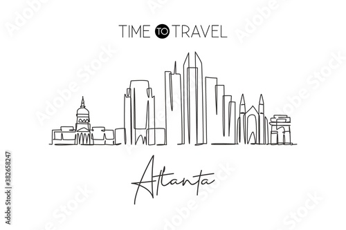 One continuous line drawing of Atlanta city skyline, USA. Beautiful landmark. World landscape tourism travel vacation poster print wall decor art. Stylish single line draw design vector illustration