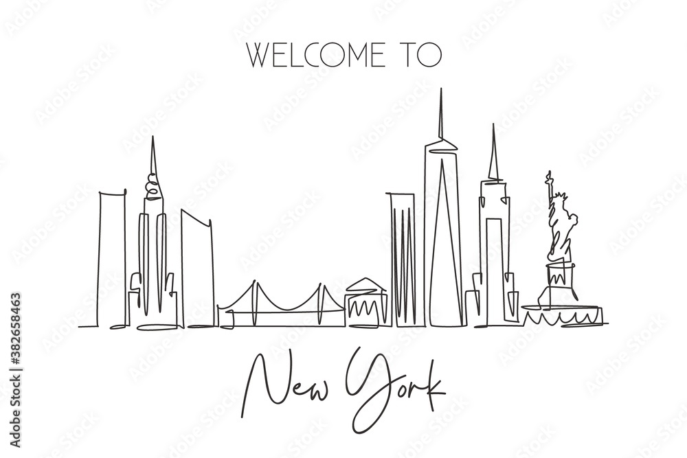 One continuous line drawing of New York city skyline, United States of America. Beautiful city landmark. World landscape vacation. Editable stylish stroke single line draw design vector illustration