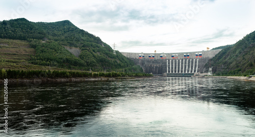 Dam of Sayan Hydro power Station. Siberia  Russia. Yenisey River. With name RUSSIA on the top of dam