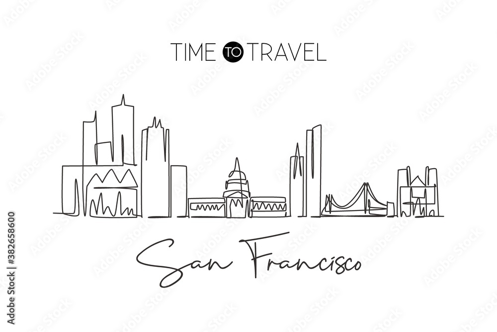 Single continuous line drawing of San Francisco city skyline, United States. Famous landscape. World travel concept home art wall decor poster print. Modern one line draw design vector illustration