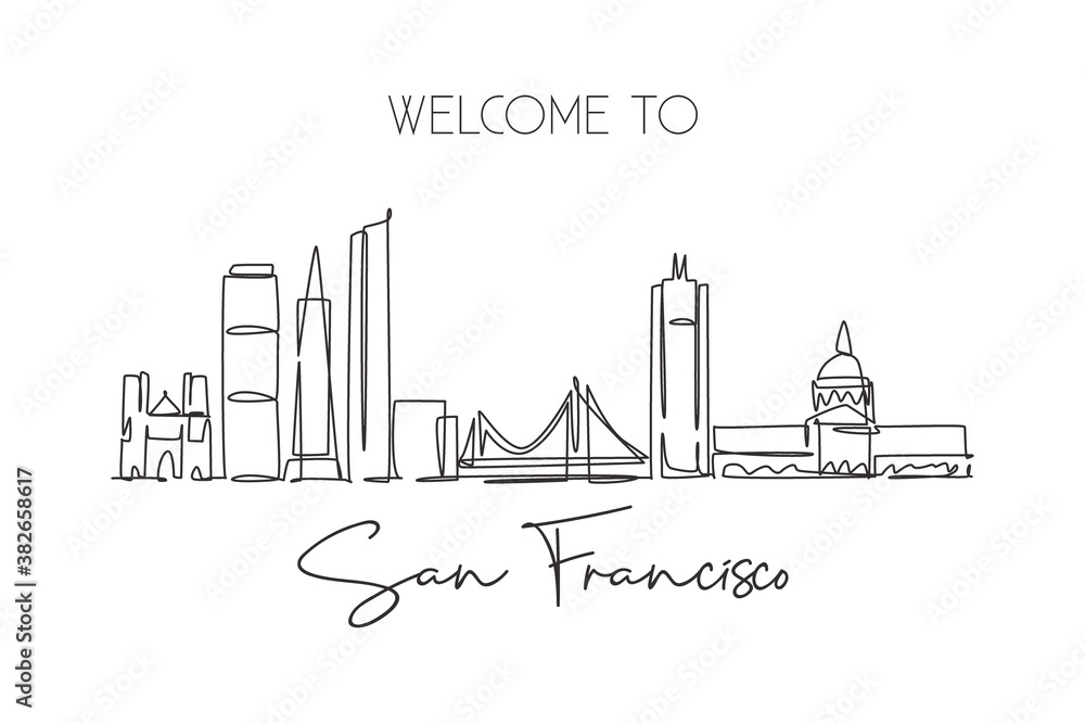 One continuous line drawing San Francisco city skyline, United States of America. Beautiful landmark. World tourism travel vacation poster. Editable stroke single line draw design vector illustration