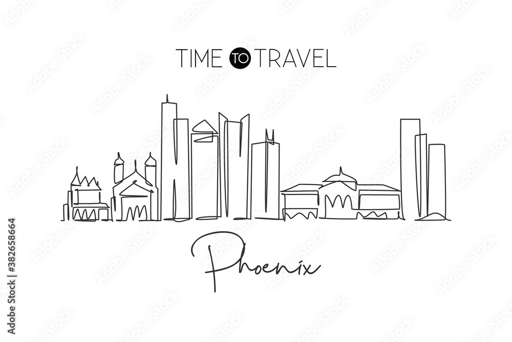 Single continuous line drawing of Phoenix city skyline, USA. Famous city scraper and landscape. World travel concept home decor wall art poster print. Modern one line draw design vector illustration