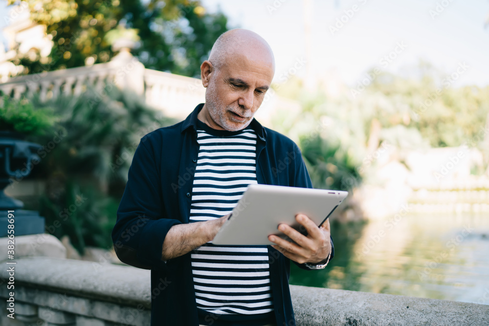 Concentrated senior man using tablet in park Concentrated senior man using tablet in park