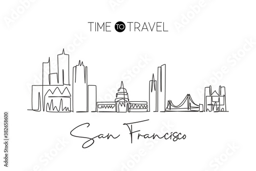 Single continuous line drawing of San Francisco city skyline  United States. Famous landscape. World travel concept home art wall decor poster print. Modern one line draw design vector illustration