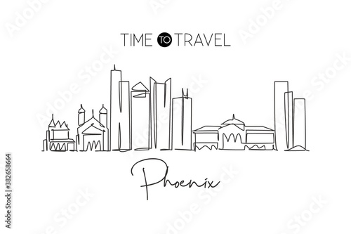 Single continuous line drawing of Phoenix city skyline, USA. Famous city scraper and landscape. World travel concept home decor wall art poster print. Modern one line draw design vector illustration