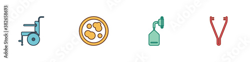 Set Wheelchair for disabled person, Petri dish with bacteria, Medical oxygen mask and tweezers icon. Vector.