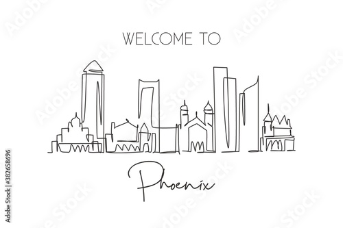 One continuous line drawing of Phoenix city skyline, United States. Beautiful landmark. World landscape tourism and travel vacation. Editable stylish stroke single line draw design vector illustration