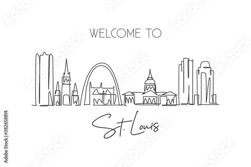 One single line drawing of St. Louis city skyline, USA. Historical town landscape in the world. Best holiday destination poster. Editable stroke trendy continuous line draw design vector illustration photo