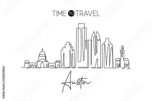 Single continuous line drawing of Austin city skyline, USA. Famous city scraper and landscape. World travel concept home decor wall art poster print. Modern one line draw design vector illustration