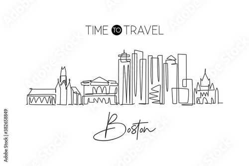 One continuous line drawing of Boston city skyline, USA. Beautiful landmark. World landscape tourism travel vacation poster print. Editable stylish stroke single line draw design vector illustration