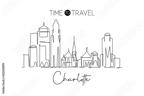 Single continuous line drawing of Charlotte city skyline, USA. Famous city scraper and landscape. World travel concept home wall decor poster print art. Modern one line draw design vector illustration