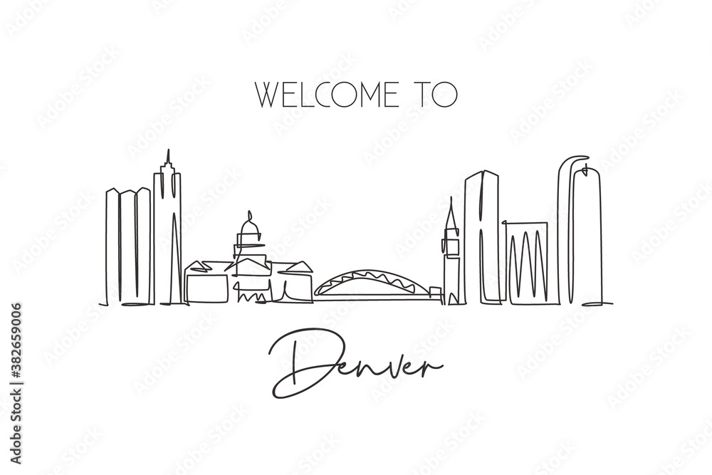 Single continuous line drawing of Denver city skyline, USA. Famous city scraper and landscape. World travel concept home decor wall art poster print. Modern one line draw design vector illustration