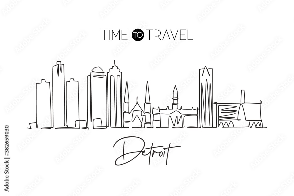 One continuous line drawing of Detroit city skyline, USA. Beautiful landmark. World landscape tourism travel vacation poster print. Editable stylish stroke single line draw design vector illustration