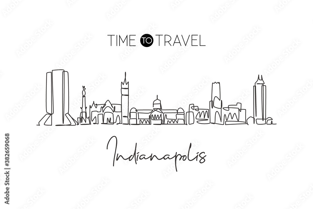 Single continuous line drawing of Indianapolis city skyline, USA. Famous city scraper and landscape. World travel concept home wall decor poster print. Modern one line draw design vector illustration