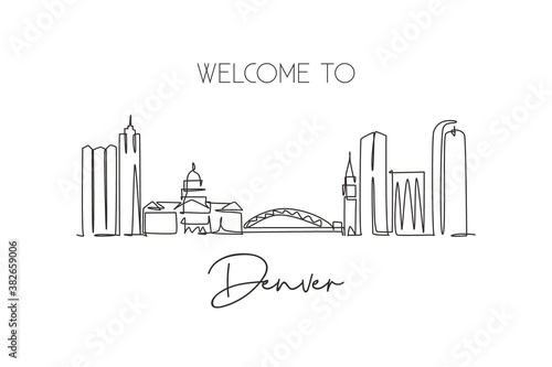 Single continuous line drawing of Denver city skyline, USA. Famous city scraper and landscape. World travel concept home decor wall art poster print. Modern one line draw design vector illustration