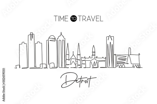 One continuous line drawing of Detroit city skyline  USA. Beautiful landmark. World landscape tourism travel vacation poster print. Editable stylish stroke single line draw design vector illustration