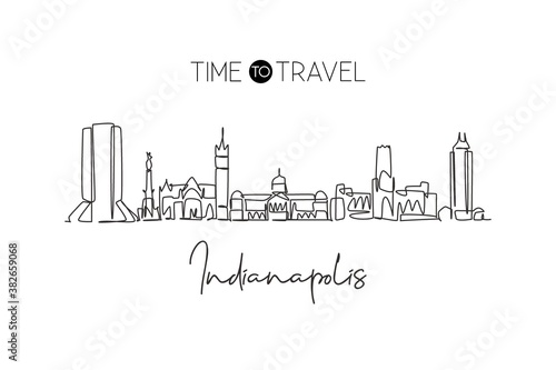 Single continuous line drawing of Indianapolis city skyline, USA. Famous city scraper and landscape. World travel concept home wall decor poster print. Modern one line draw design vector illustration