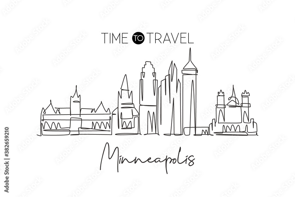 One continuous line drawing Minneapolis city skyline, United States of America. Beautiful landmark. World landscape vacation poster. Editable stylish stroke single line draw design vector illustration