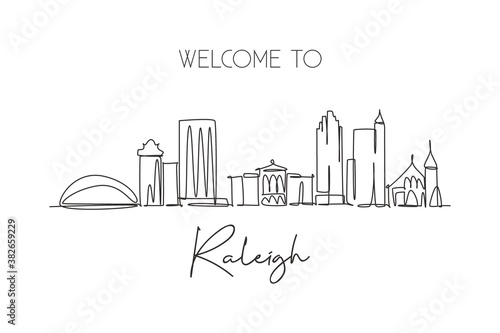 One single line drawing of Raleigh city skyline, United States. Historical town landscape. Best holiday destination wall decor