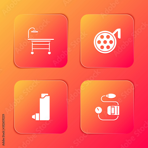 Set Operating table, Surgery lamp, Inhaler and Blood pressure icon. Vector.