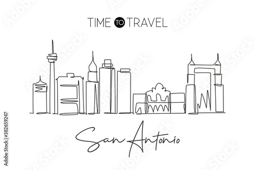 Single continuous line drawing of San Antonio city skyline, United States of America. Famous landscape. World travel concept wall decor poster print. Modern one line draw design vector illustration