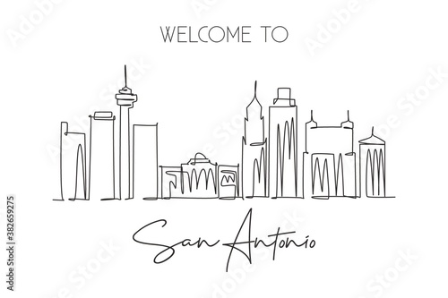 One continuous line drawing of San Antonio city skyline, USA. Beautiful landmark. World landscape tourism travel vacation poster. Editable stylish stroke single line draw design vector illustration
