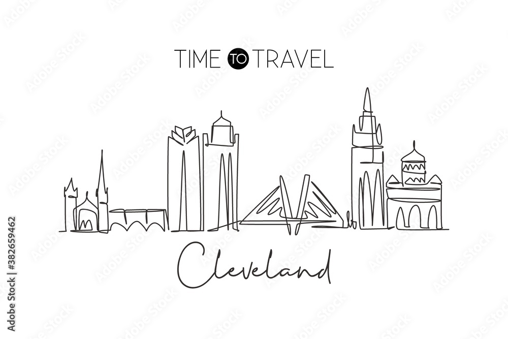 One continuous line drawing of Cleveland city skyline, United States of America. Beautiful landmark. World landscape tourism travel poster. Editable stroke single line draw design vector illustration