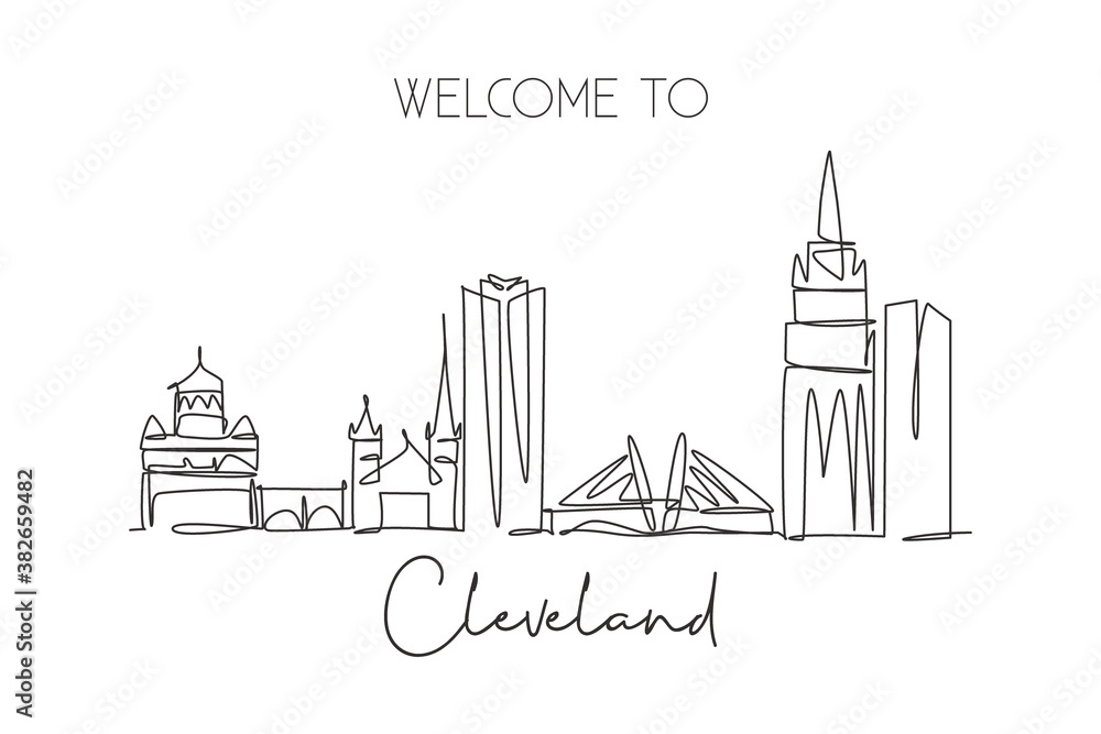 One single line drawing of Cleveland city skyline, USA. Historical town landscape in world. Best holiday destination wall decor poster print art. Trendy continuous line draw design vector illustration