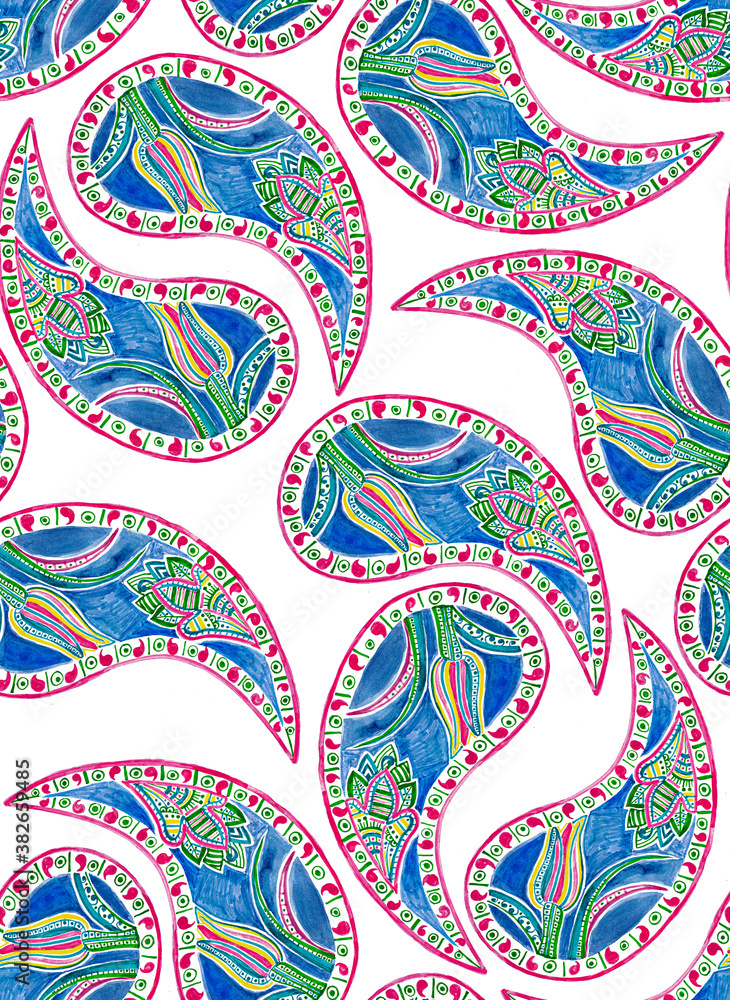Fototapeta premium Paisley seamless pattern. Hand made painting. Bright colorful floral geometry watercolor illustration on white background for textile, wrapping