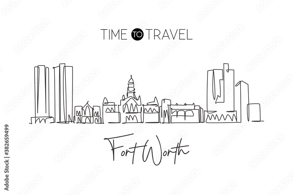 One continuous line drawing of Fort Worth city skyline, USA. Beautiful landmark. World landscape tourism and travel vacation poster. Editable stylish stroke single line draw design vector illustration