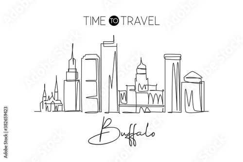 One single line drawing of Buffalo city skyline, United States. Historical town landscape in the world. Best holiday destination. Editable stroke trendy continuous line draw design vector illustration