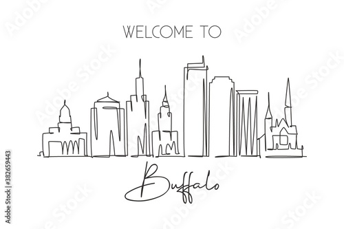Single continuous line drawing of Buffalo city skyline, USA. Famous city scraper and landscape. World travel concept home wall decor poster print art. Modern one line draw design vector illustration