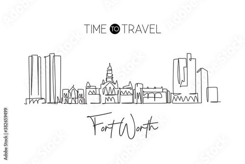 One continuous line drawing of Fort Worth city skyline, USA. Beautiful landmark. World landscape tourism and travel vacation poster. Editable stylish stroke single line draw design vector illustration