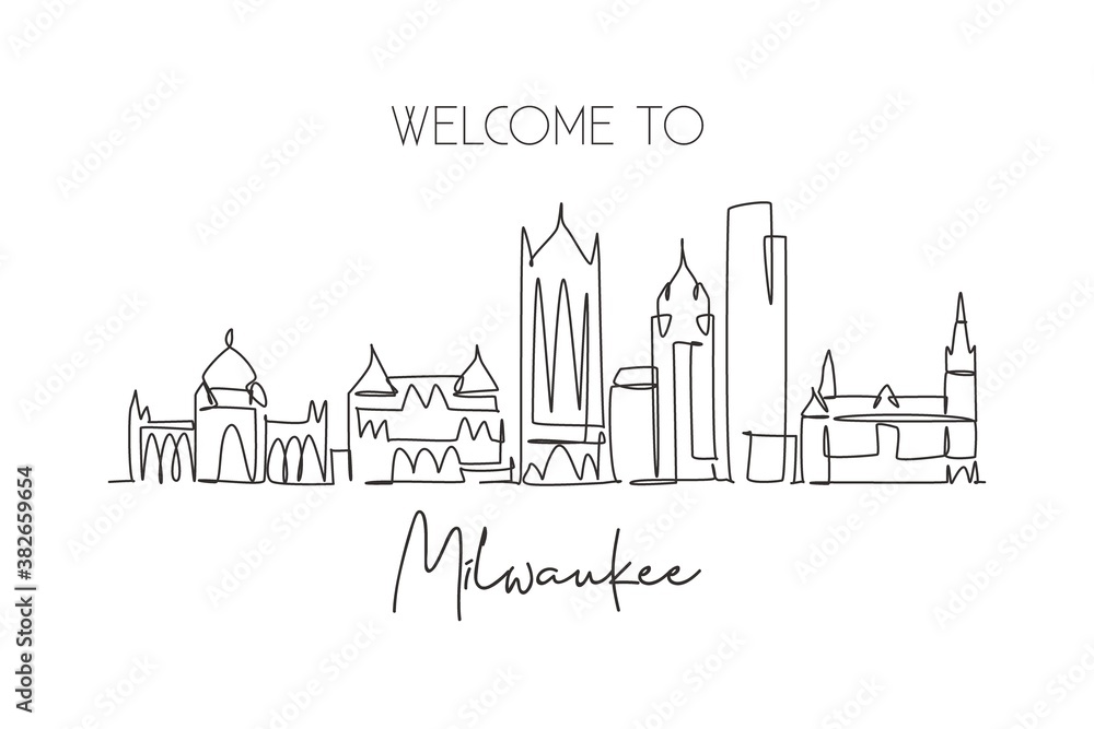One single line drawing of Milwaukee city skyline, USA. Historical town landscape. Best holiday destination home wall decor poster print art. Trendy continuous line draw design vector illustration One single line drawing of Milwaukee city skyline, USA. Historical town landscape. Best holiday destination home wall decor poster print art. Trendy continuous line draw design vector illustration