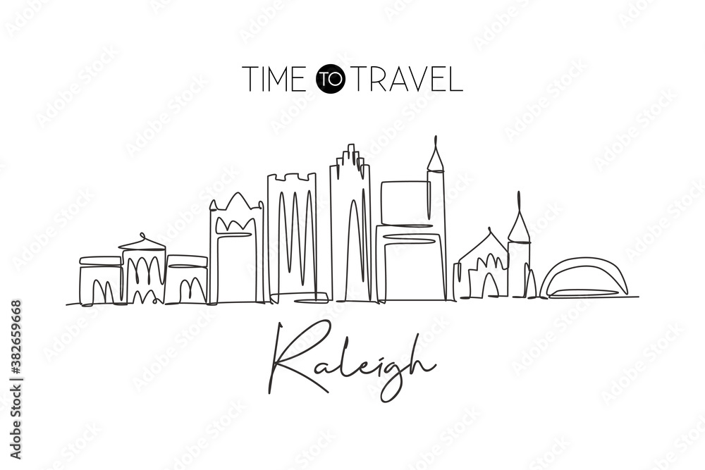 Obraz premium One continuous line drawing of Raleigh city skyline, USA. Beautiful landmark. World landscape tourism travel vacation poster print. Editable stylish stroke single line draw design vector illustration