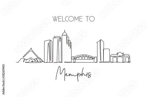 Single continuous line drawing of Memphis city skyline, USA. Famous city scraper and landscape. World travel concept home wall decor poster print art. Modern one line draw design vector illustration