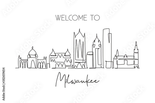 One single line drawing of Milwaukee city skyline  USA. Historical town landscape. Best holiday destination home wall decor poster print art. Trendy continuous line draw design vector illustration