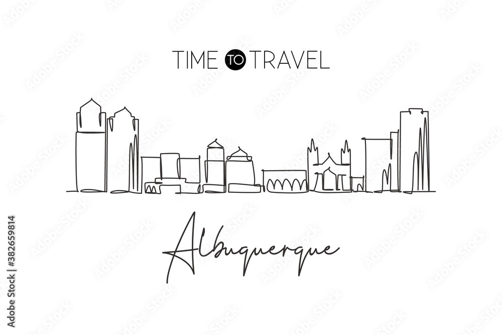 One continuous line drawing of Albuquerque city skyline, New Mexico. Beautiful landmark. World landscape tourism travel poster art. Editable stylish stroke single line draw design vector illustration
