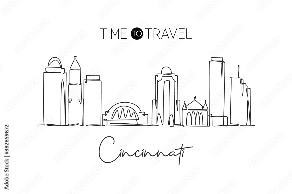 One continuous line drawing of Cincinnati city skyline, Ohio. Beautiful landmark. World landscape tourism travel vacation poster. Editable stylish stroke single line draw design vector illustration