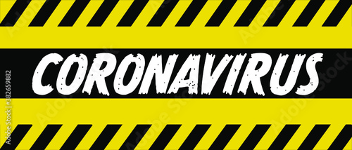 Yellow caution warning panorama sign COVID-19 (Coronavirus) background for health pandemic global crisis. Social Distancing and Virus spread concept.	