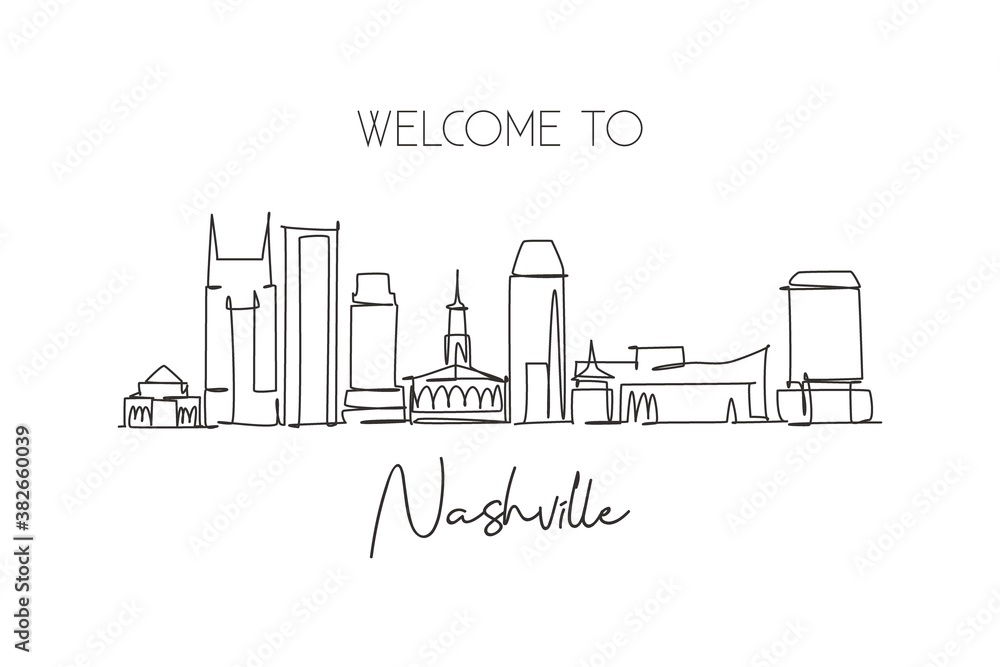 Single continuous line drawing of Nashville city skyline, Tennessee. Famous city scraper landscape. World travel concept home wall decor poster print. Modern one line draw design vector illustration
