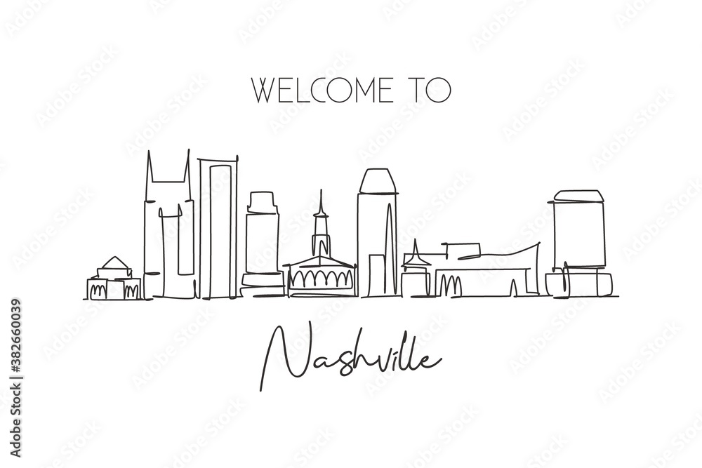Obraz premium Single continuous line drawing of Nashville city skyline, Tennessee. Famous city scraper landscape. World travel concept home wall decor poster print. Modern one line draw design vector illustration