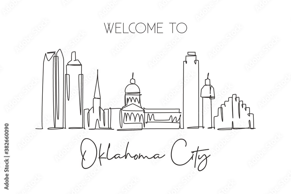 One continuous line drawing Oklahoma city skyline, United States. Beautiful landmark. World landscape tourism travel poster print. Editable stylish stroke single line draw design vector illustration