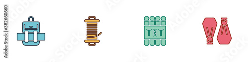 Set Hiking backpack, Spinning reel for fishing, Detonate dynamite bomb stick and Rubber flippers swimming icon. Vector.