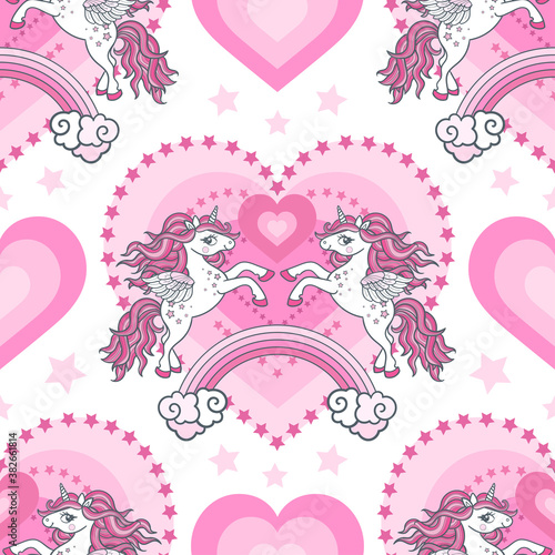 Seamless pattern with two unicorns  a rainbow and a heart. Vector