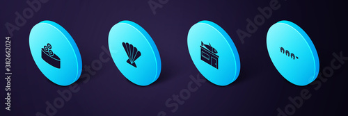 Set Isometric Grilled fish steak, Seafood store, Scallop sea shell and Tin can with caviar icon. Vector.